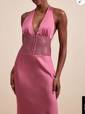 Mauve pink satin lace halter maxi dress